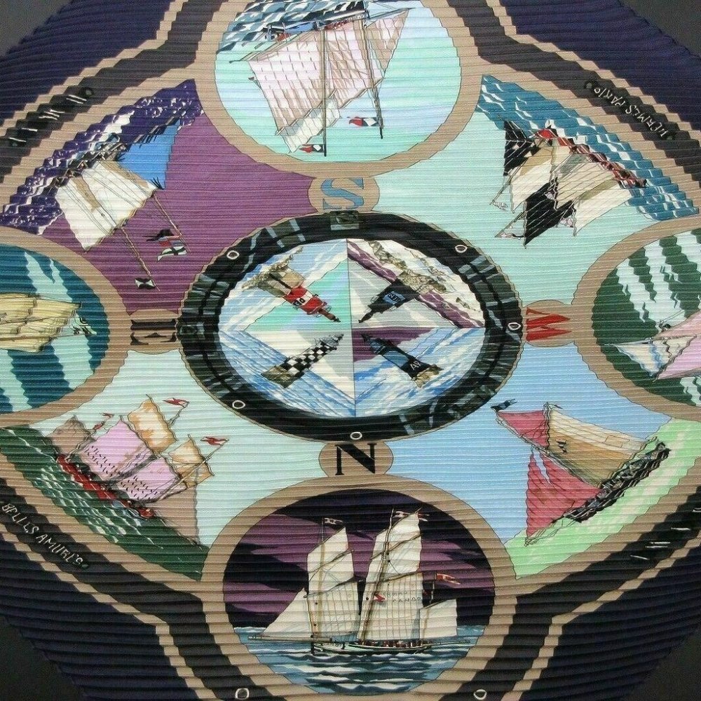 HERMES Pleated Scarf 100% Silk "BELLES AMURES" Nav